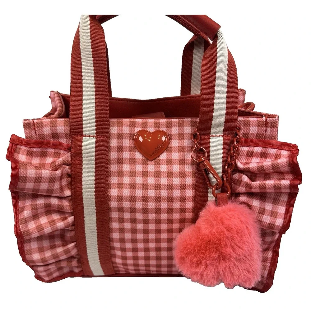 Betsey Johnson Pink Red Gingham LB Ruffle Tote Bag Heart Charm Crossbody NWT